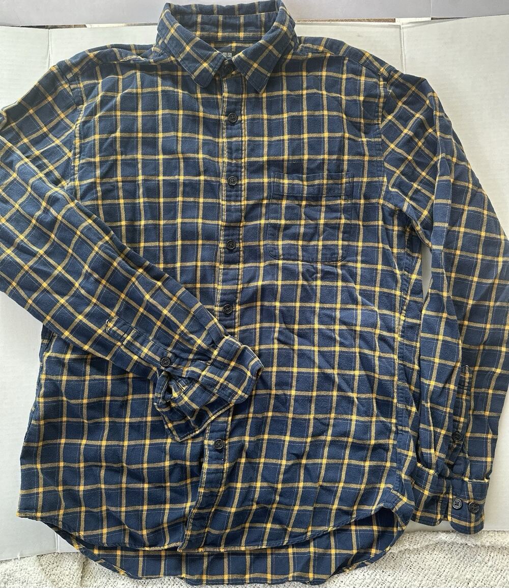 UNIQLO Men's Long Sleeve Shirt Medium Yellow/Blue Plaid Button Prem 100% Cotton
